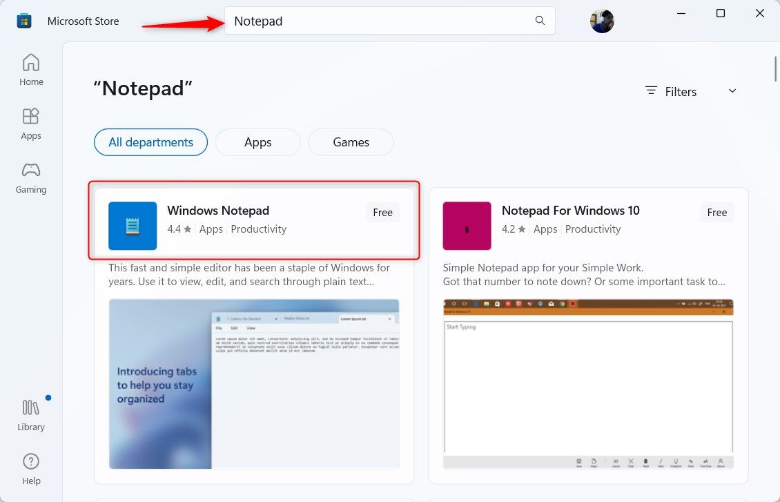 Windows 11 Microsoft Store app highlighting Notepad search results.