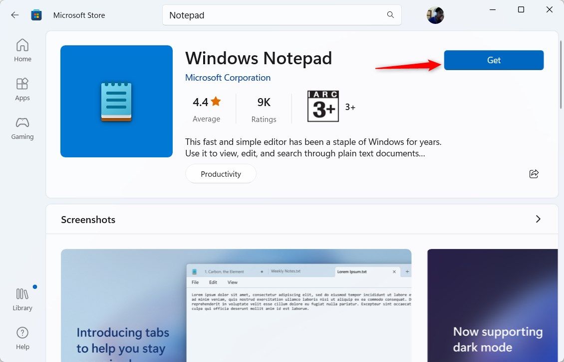 Windows 11 Microsoft Store Notepad highlighting Get button.