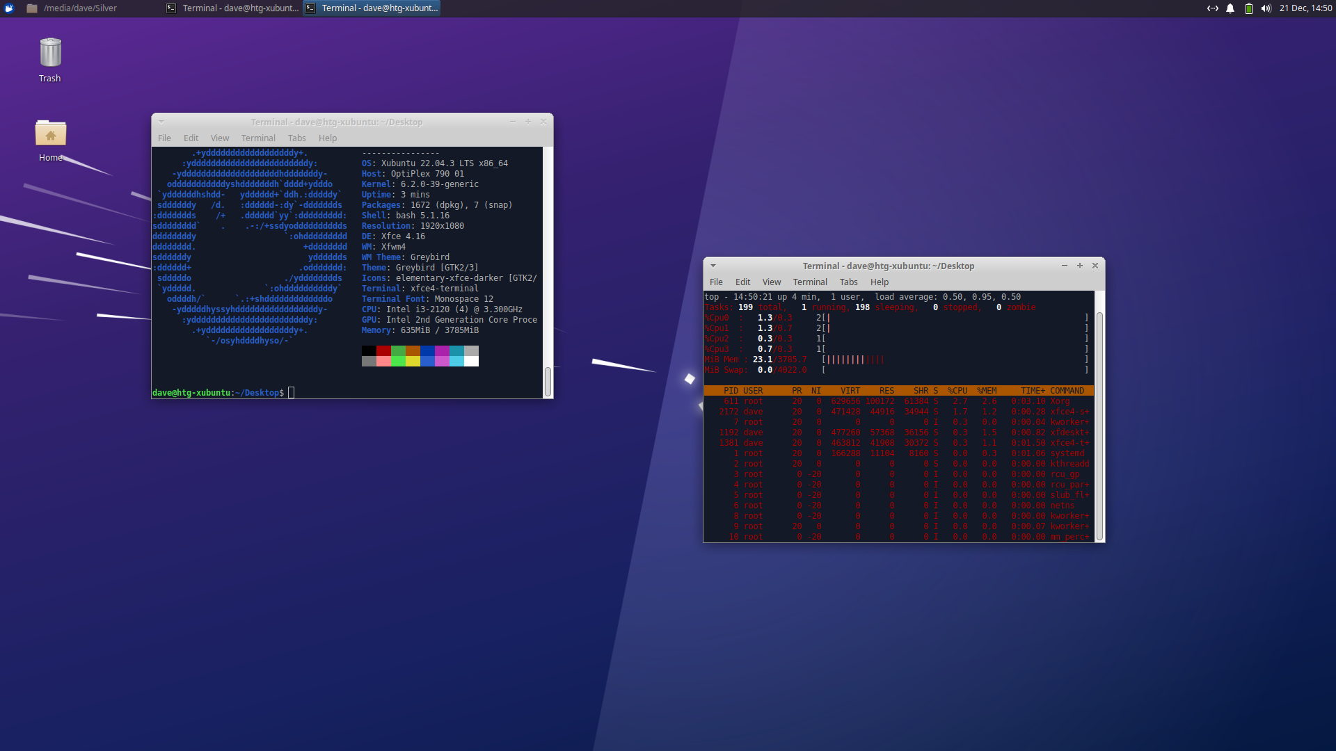 The Xubuntu desktop with two terminals windows. One shows the output from Neofetch and the other is running top.