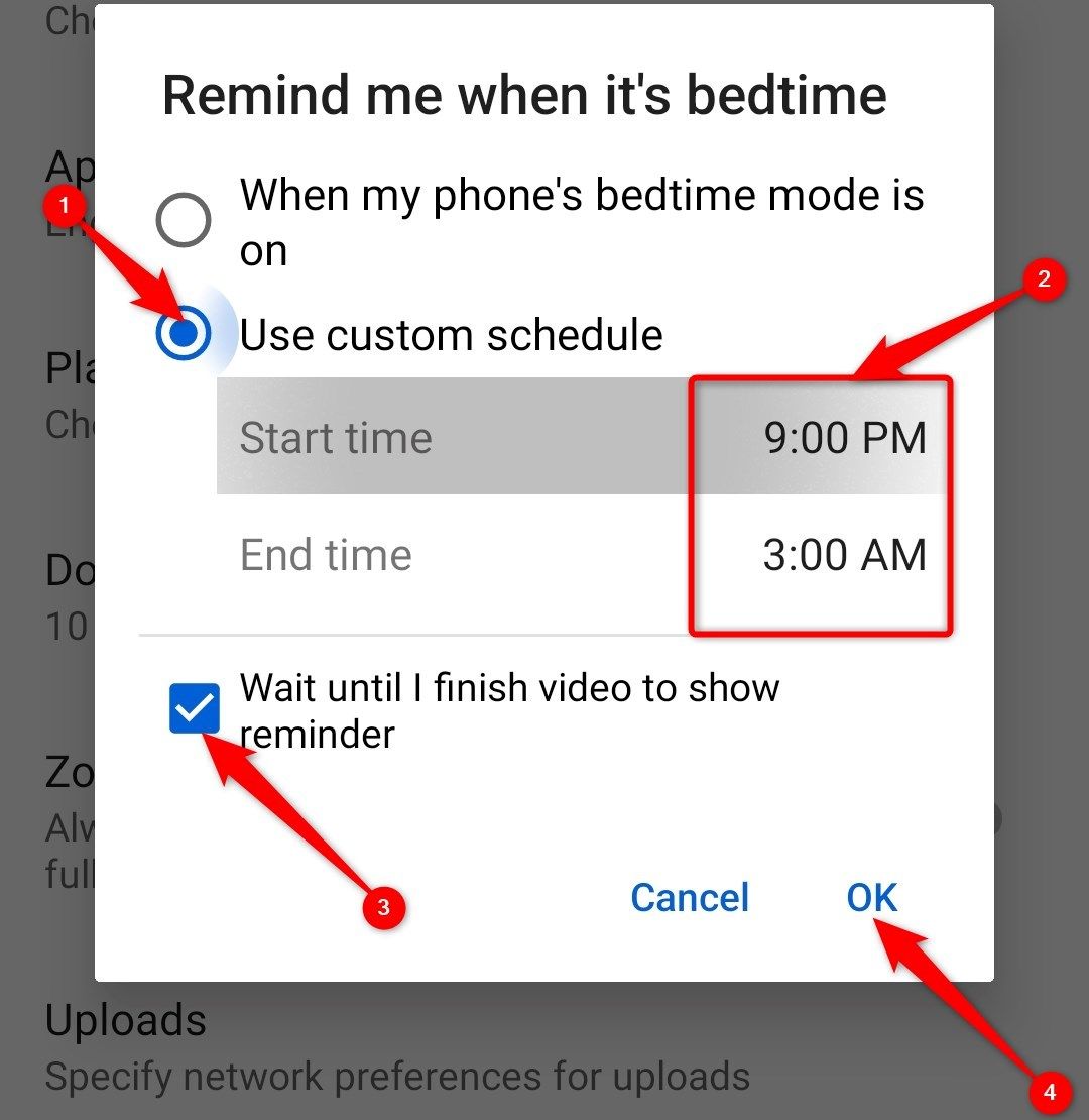 A screenshot of the YouTube bedtime reminder feature