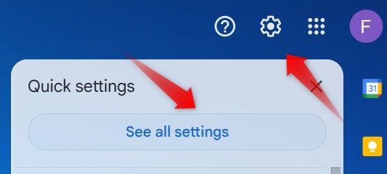 Opening all settings from the quick settings panel in Gmail.