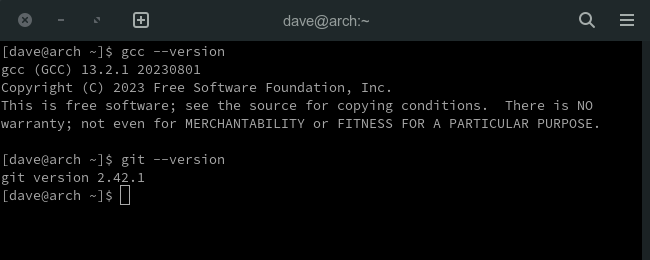 Checking whether the development tools and Git are installed on Arch Linux