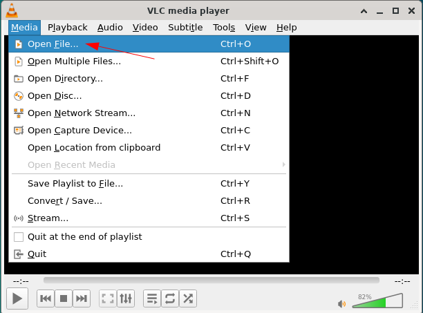 The VLC media player, with the Open File menu option selected.