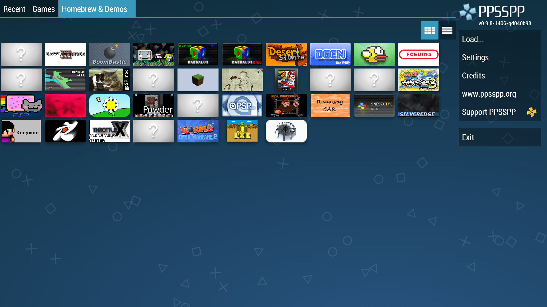 A screenshot of the PPSSPP emulator library.