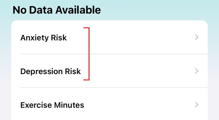 Screenshot of the Health app highlighting the Anxiety and Depression Risk.
