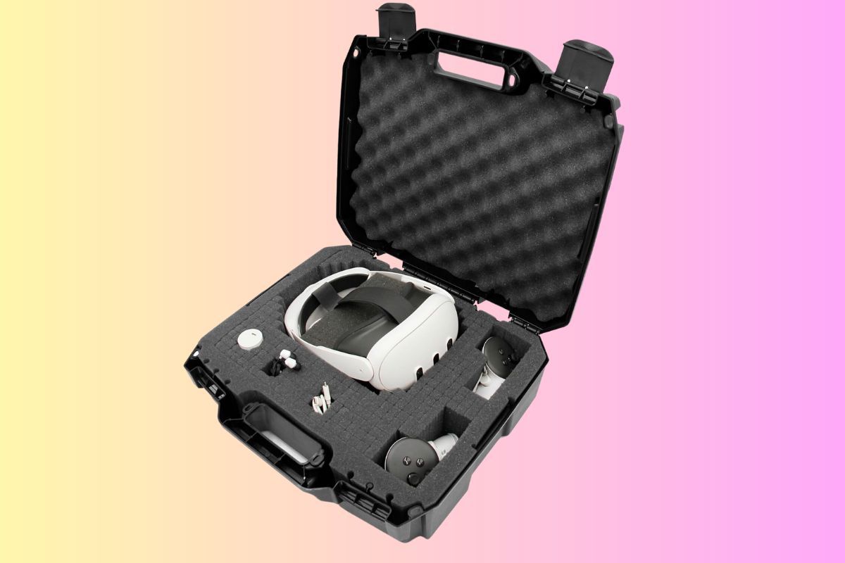 A foam hard case with cutouts for components of the Meta Quest 3 which is inserted into the case.