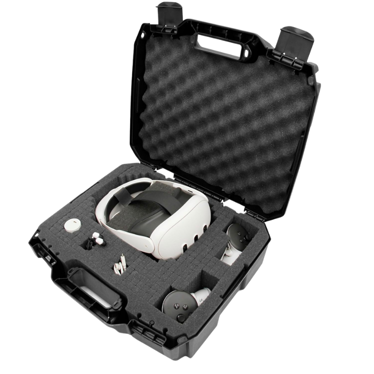 A hard case with foam cutouts for the Quest 3 VR headset.
