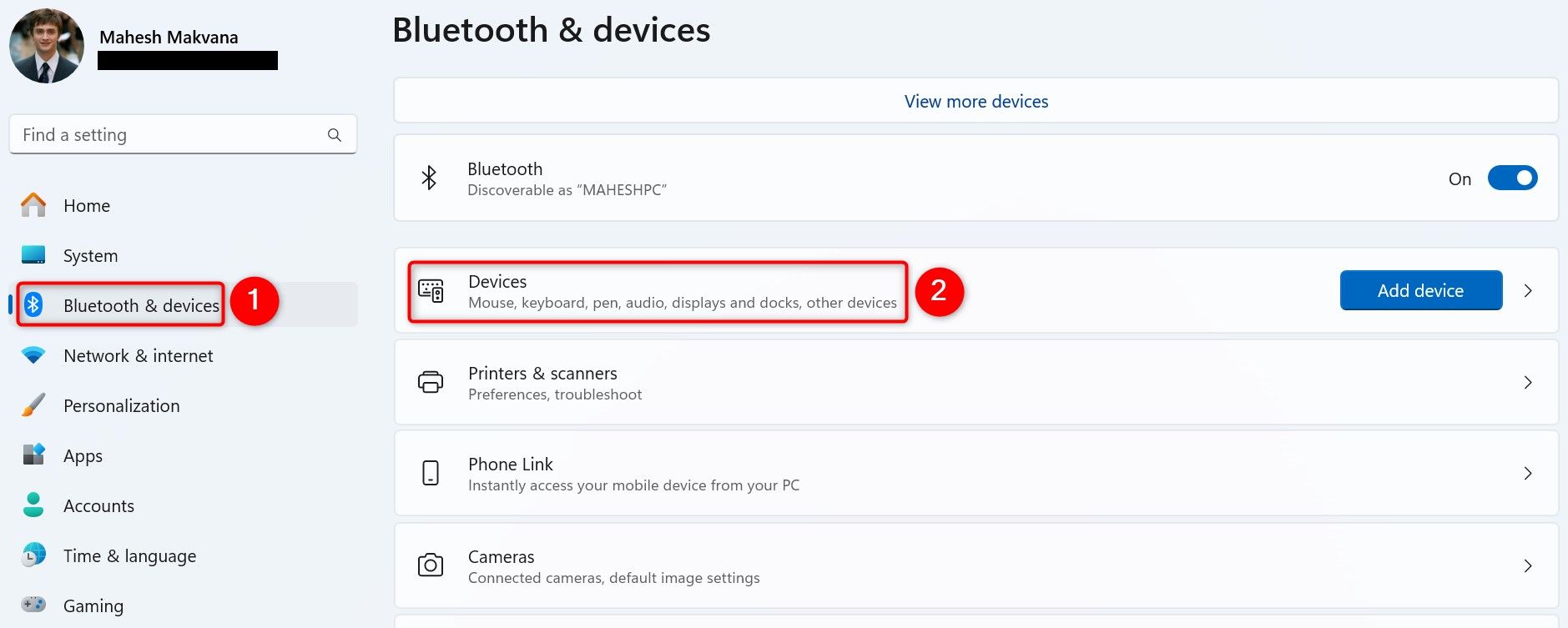 Bluetooth & Devices > Devices highlighted in Windows 11 Settings.