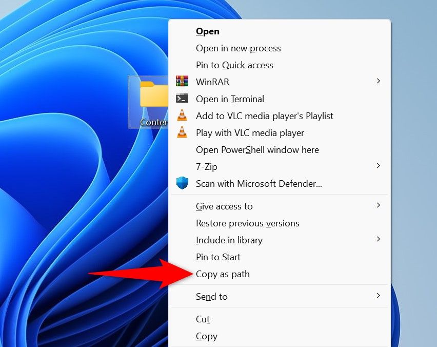 'Copy as Path' highlighted for a folder on a Windows PC.