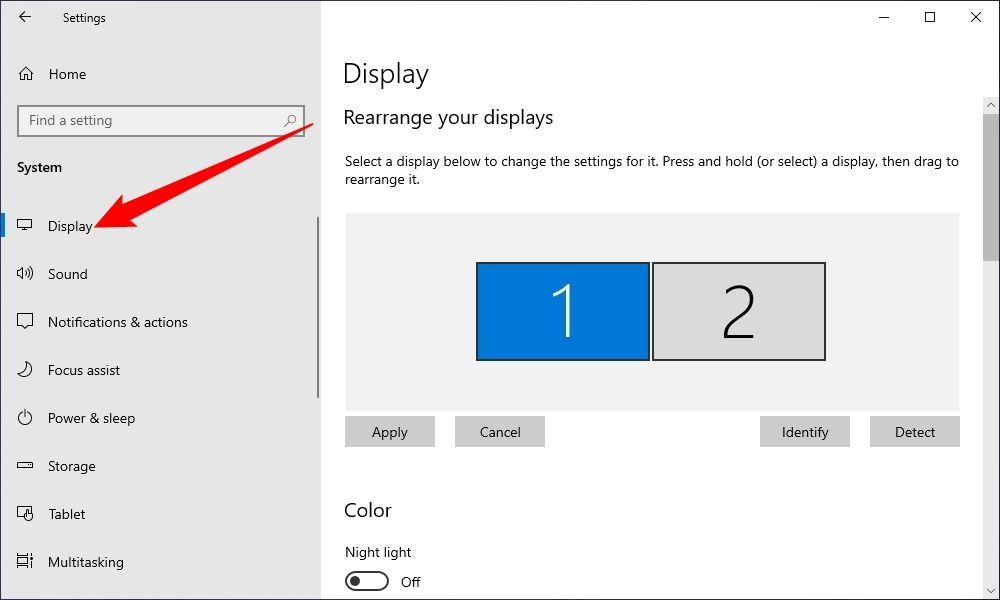 The Display page in the Windows 10 Settings app. 