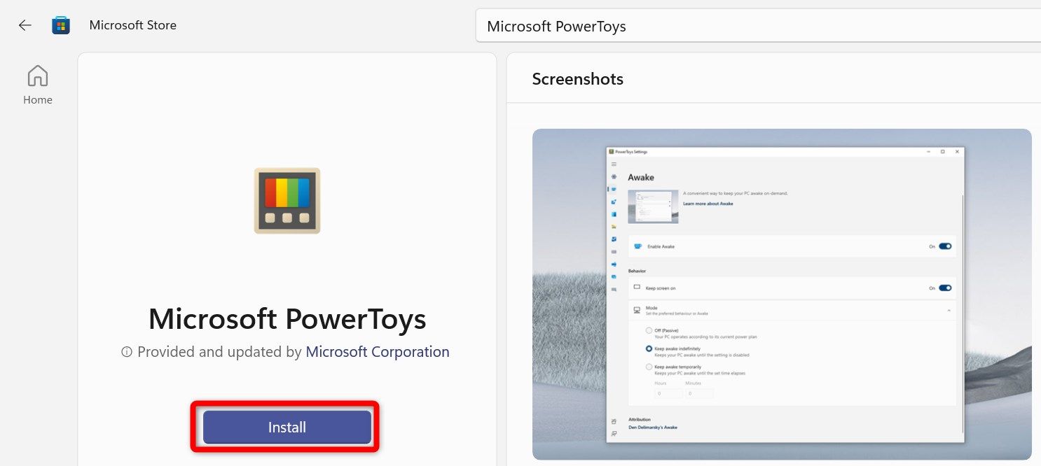 Installing the Microsoft PowerToys app from the Microsoft Store on Windows.
