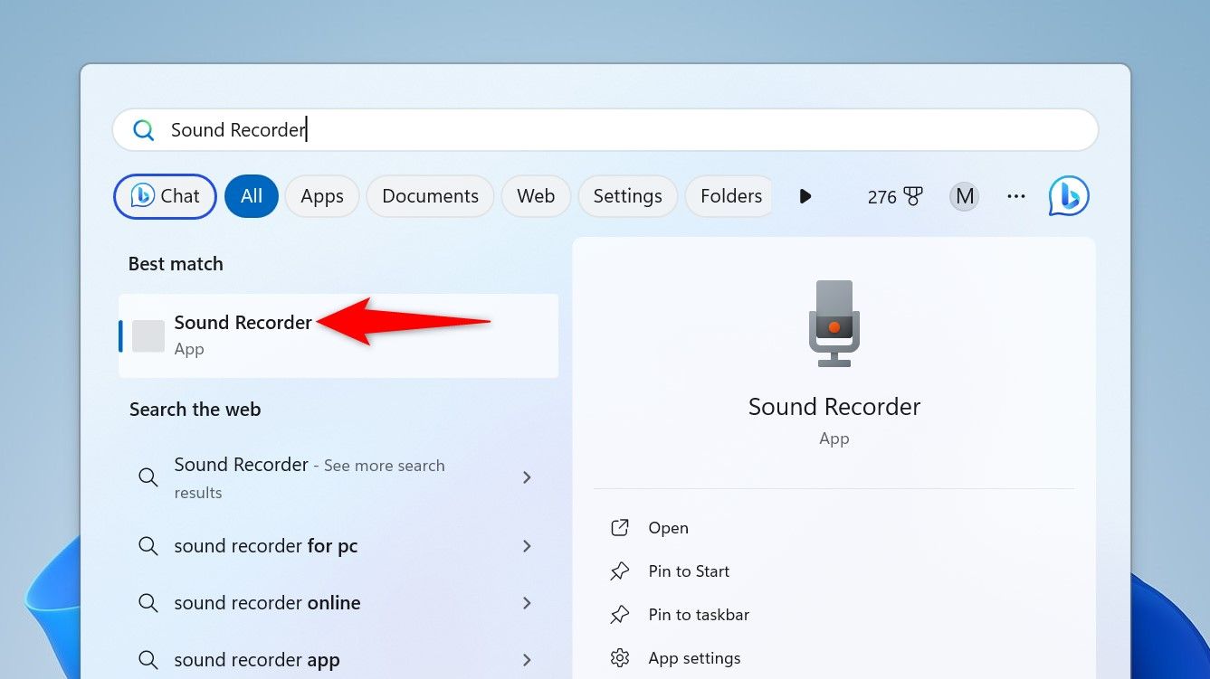 Sound Recorder highlighted in Windows Search.