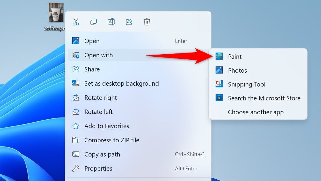Open With > Paint highlighted in an image's context menu.
