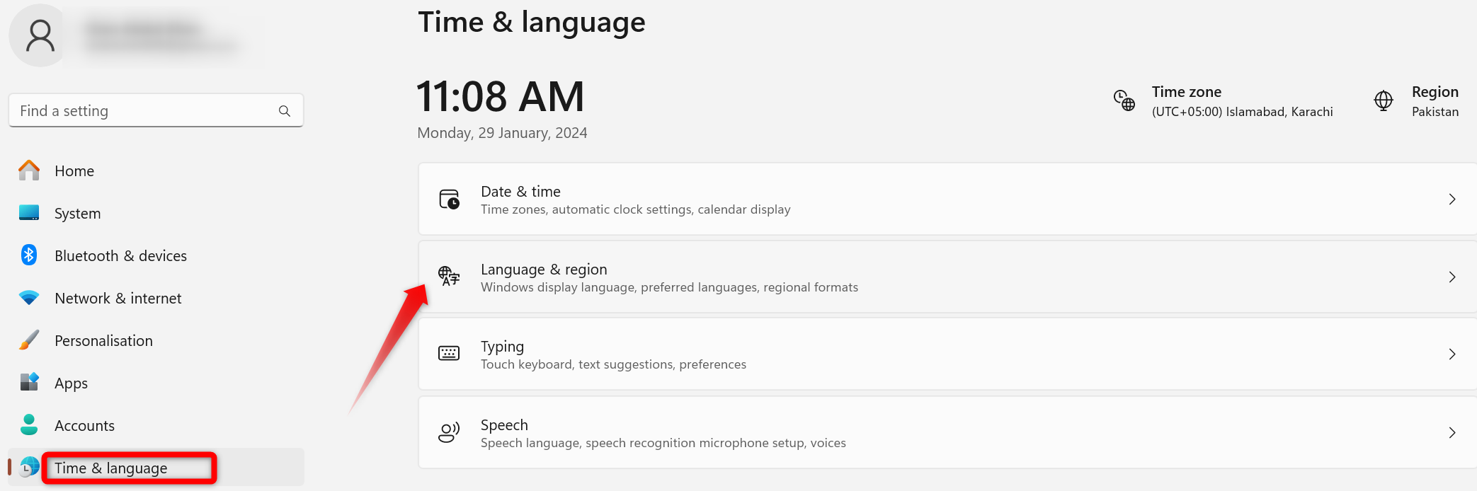 Opening the language and region settings in the Windows Settings app.