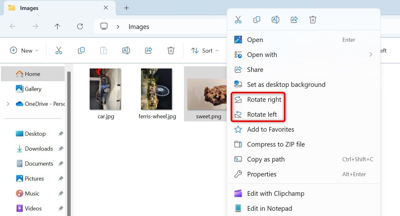 'Rotate Right' and 'Rotate Left' highlighted in an image's context menu.