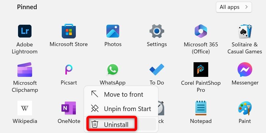Uninstalling a pinned app from the Start menu.