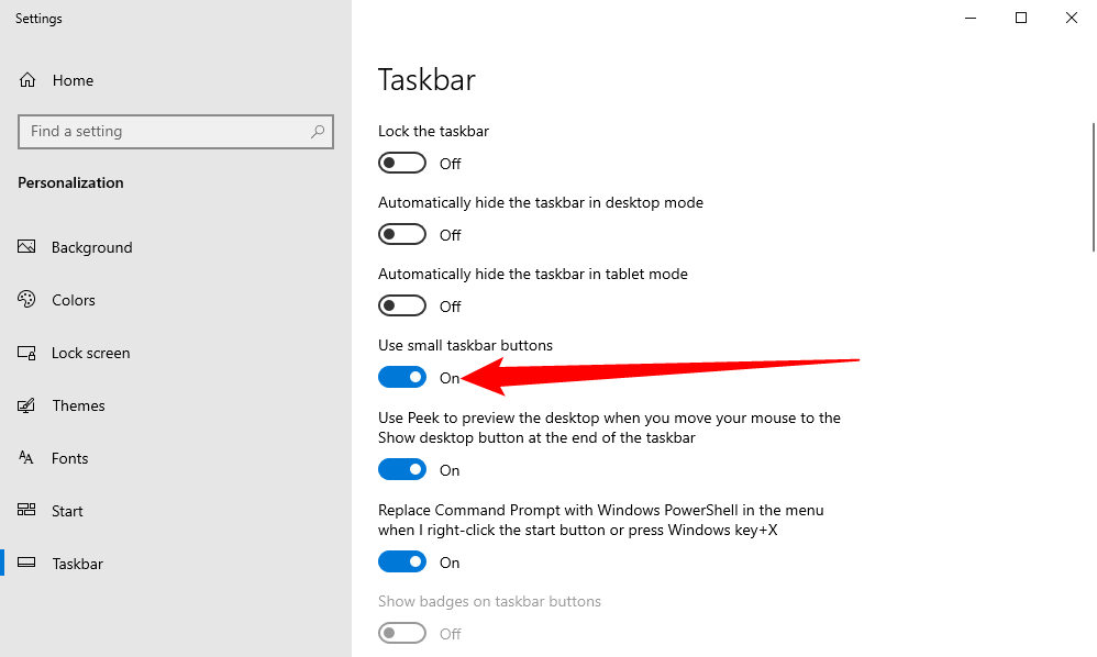 Click the toggle switch under 'Use Small Taskbar Buttons.'