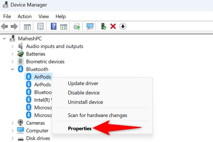 'Properties' highlighted for a Bluetooth device in Device Manager.