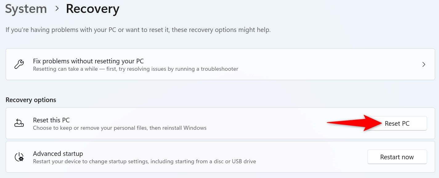 'Reset PC' highlighted in Windows 11 Settings.