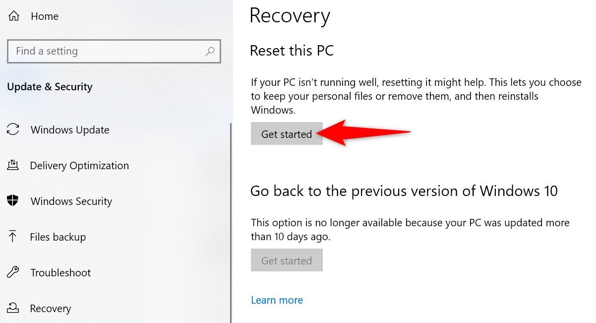 'Get Started' highlighted in the 'Reset This PC' section of Windows 10 Settings.