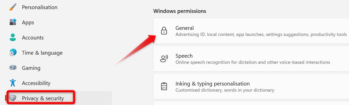 Opening the general privacy settings in the Windows Settings app.