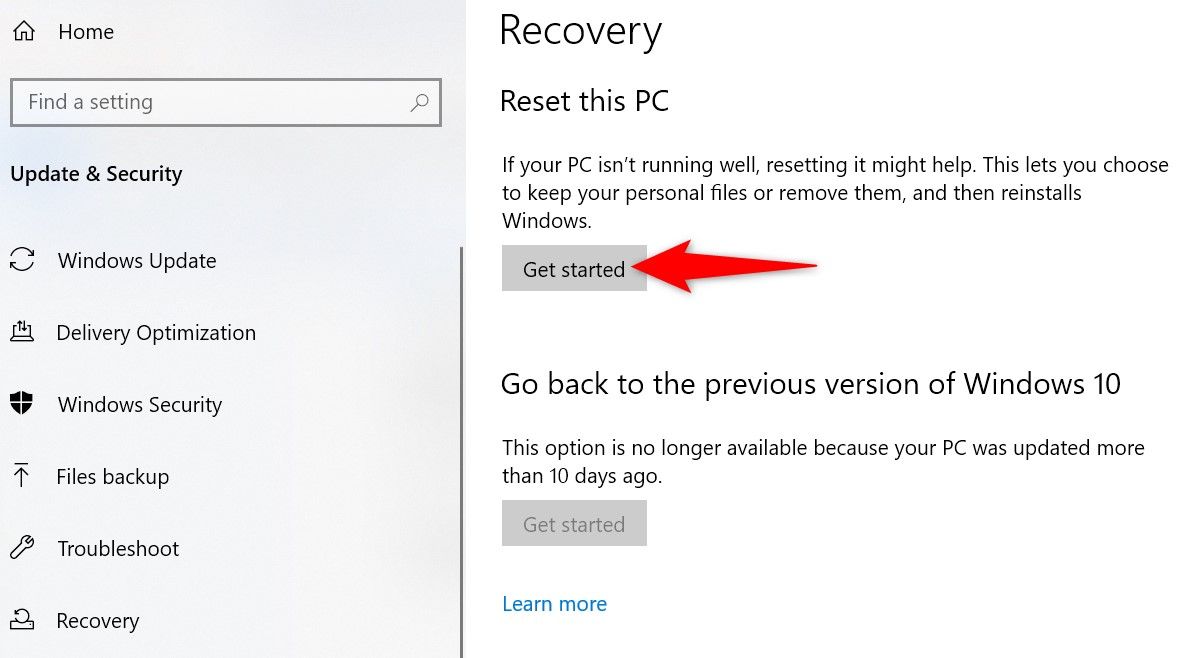 'Get Started' highlighted in the 'Reset This PC' section of Windows 10 Settings.