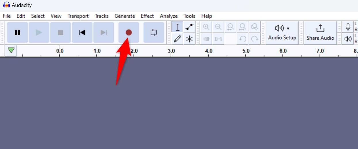 The Record button highlighted in Audacity.