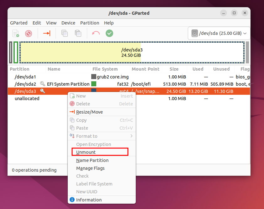 The process of unmounting a partition from a disk using GParted on ubuntu