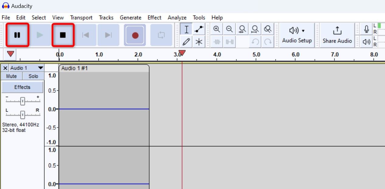 Pause and Stop buttons highlighted in Audacity.