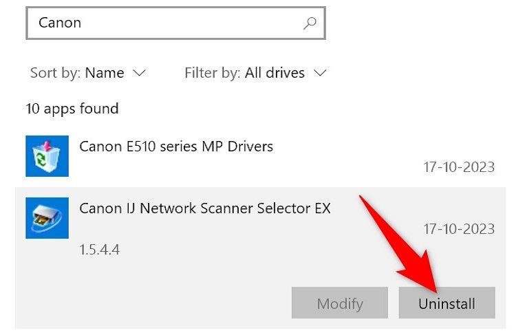 'Uninstall' highlighted for a printer app in Windows 10 Settings.