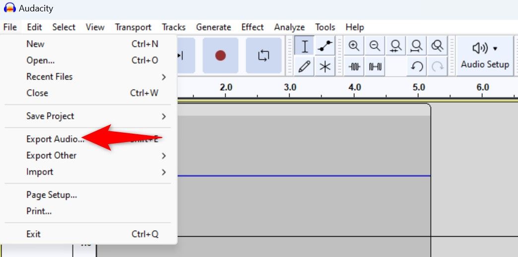 'Export Audio' highlighted in Audacity's 'File' menu.