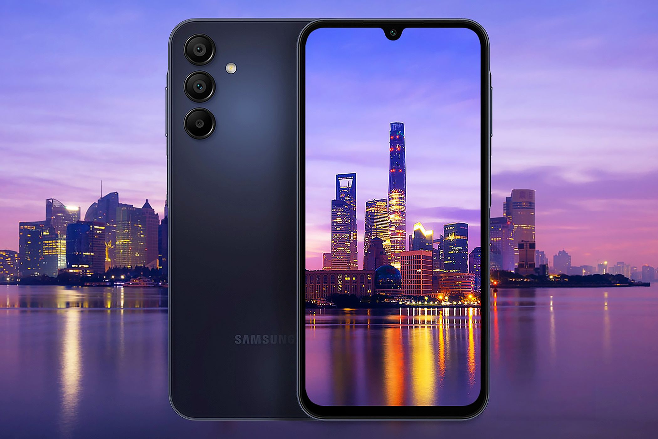 Illustration of Samsung Galaxy A15's front and backside over a city skyline.