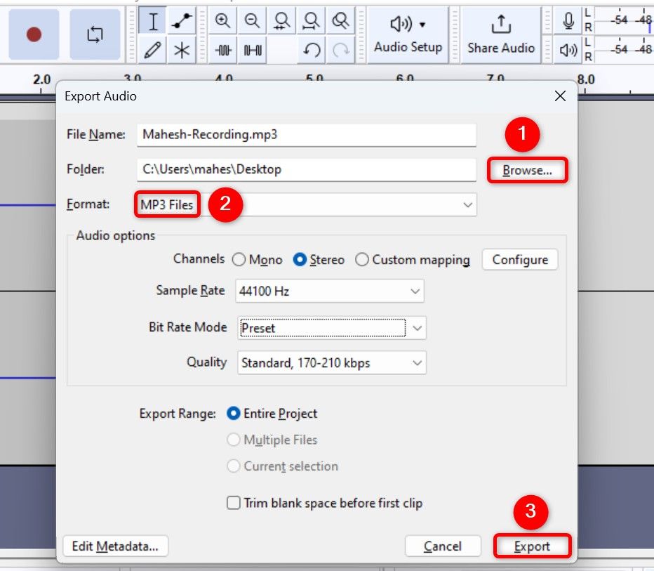 'Browse,' 'Format,' and 'Export' highlighted on the 'Export Audio' window.
