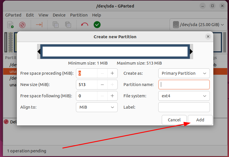 The Create new Parition window on GParted displaying different settings of the partition that will be created