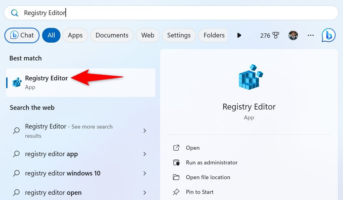 Registry Editor highlighted in Start Menu.