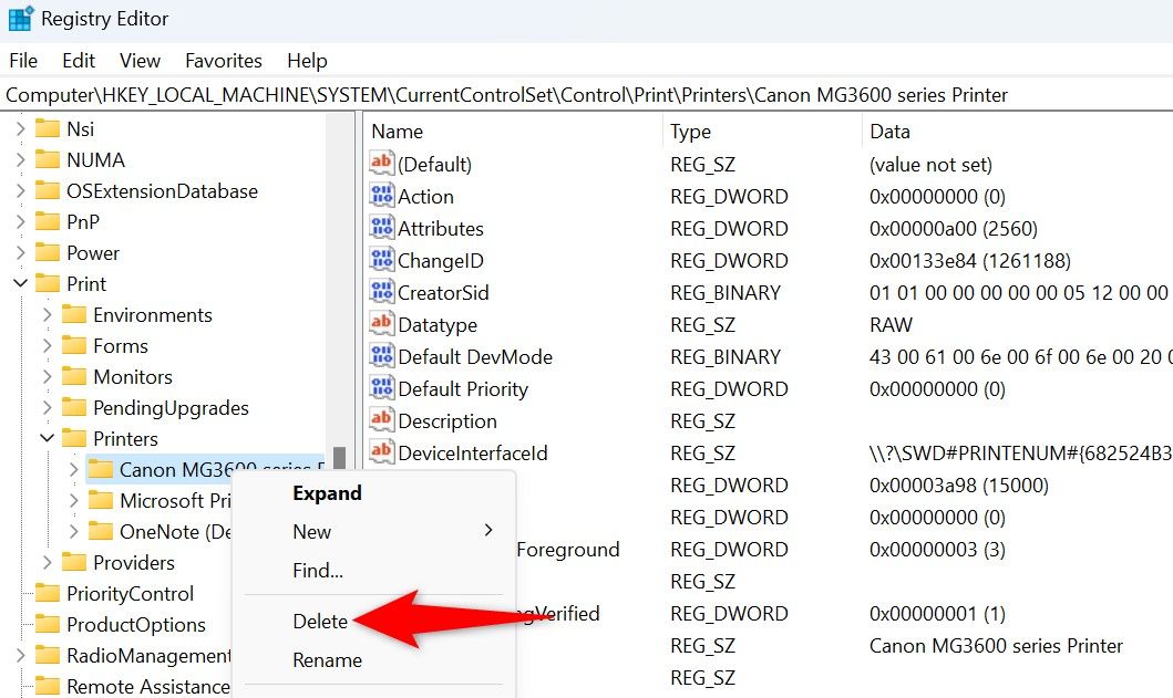 'Delete' highlighted for a printer's keys in Registry Editor.