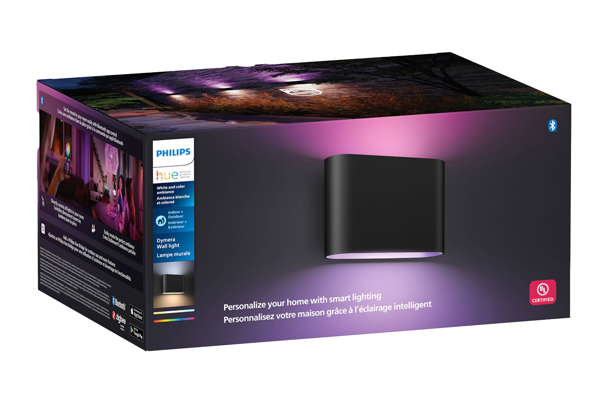 Packaging for the Philips Hue Dymera wall light.