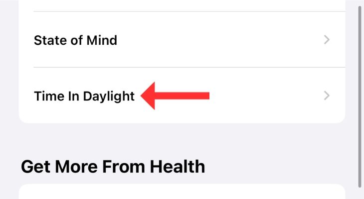 Screenshot of the Time in Daylight option in Apple Health app.