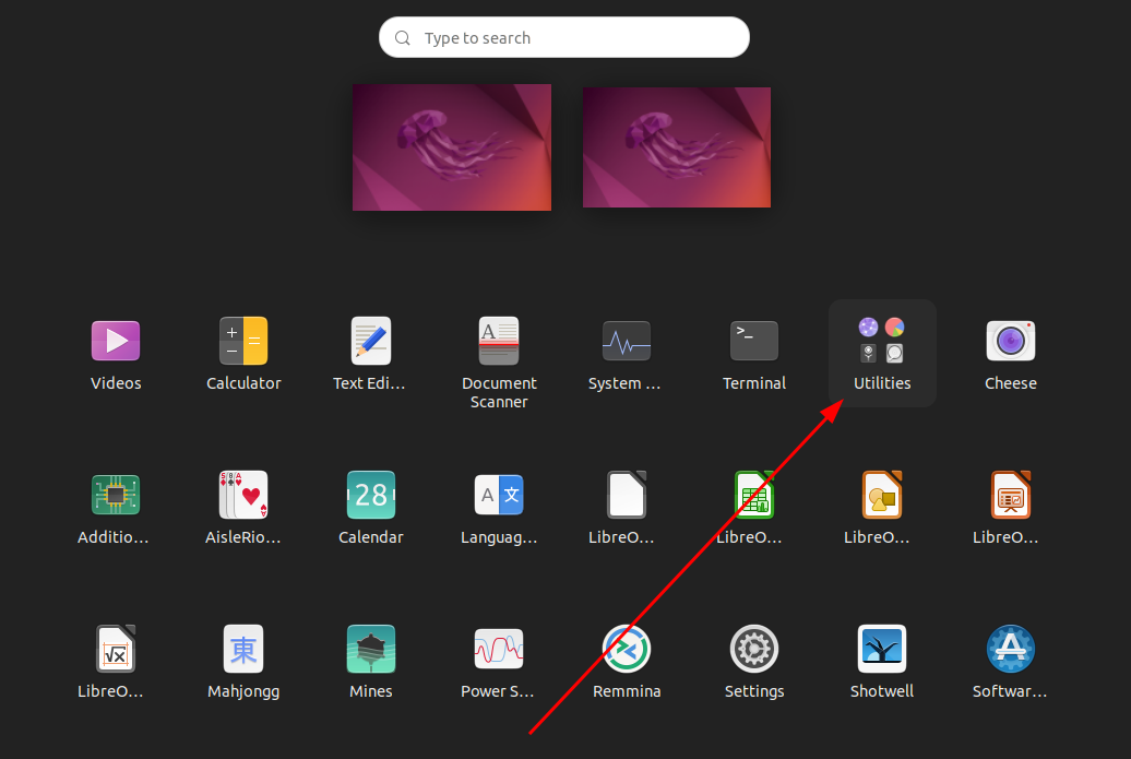 All applications displayed in a grid layout on the Ubuntu applications menu