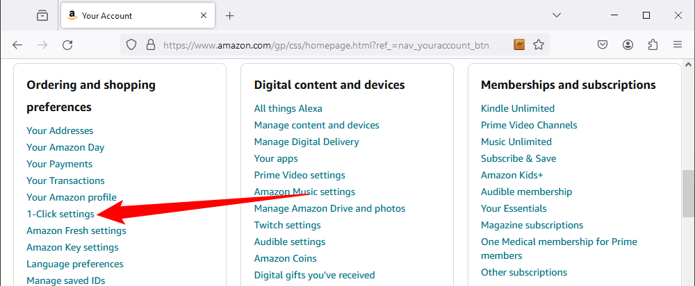 Click '1-Click Settings' under Order and Shopping Preferences. 