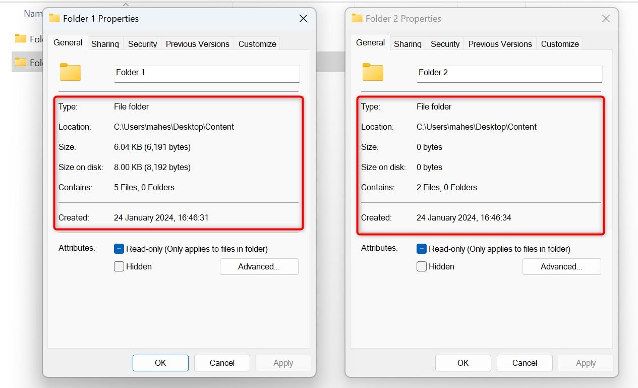 'Properties' windows for two folders in File Explorer.