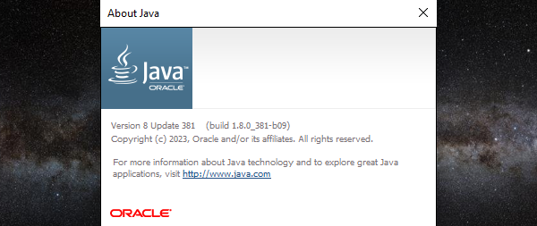 The Java version window. 