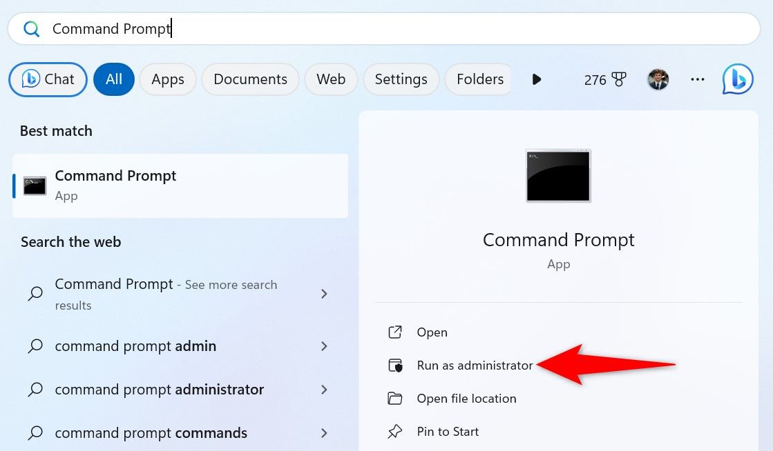 'Run as Administrator' highlighted for Command Prompt in Start Menu.
