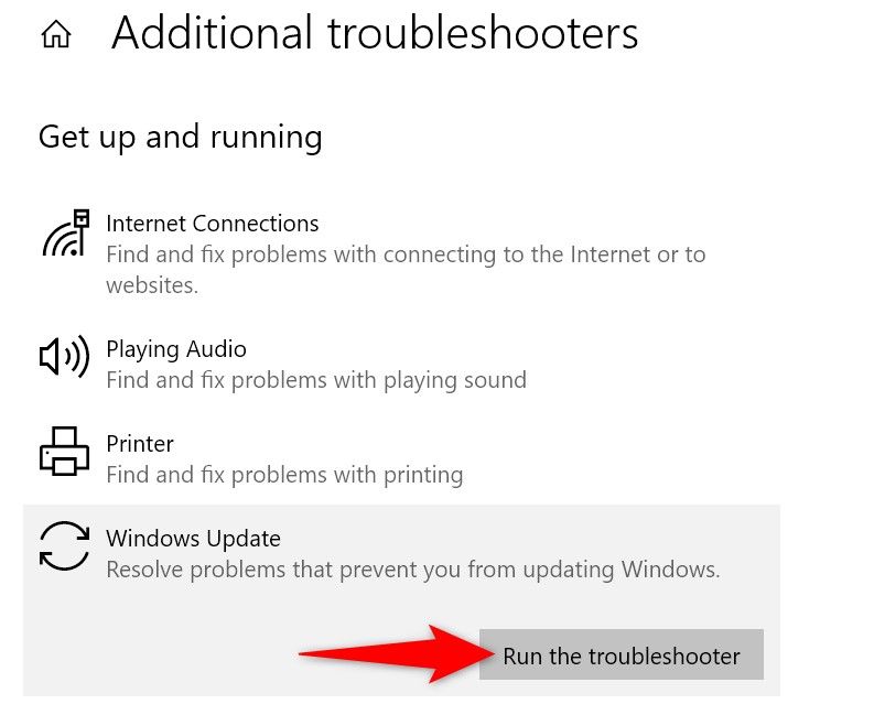 'Run the Troubleshooter' highlighted for 'Windows Update' troubleshooter in Windows 10 Settings.