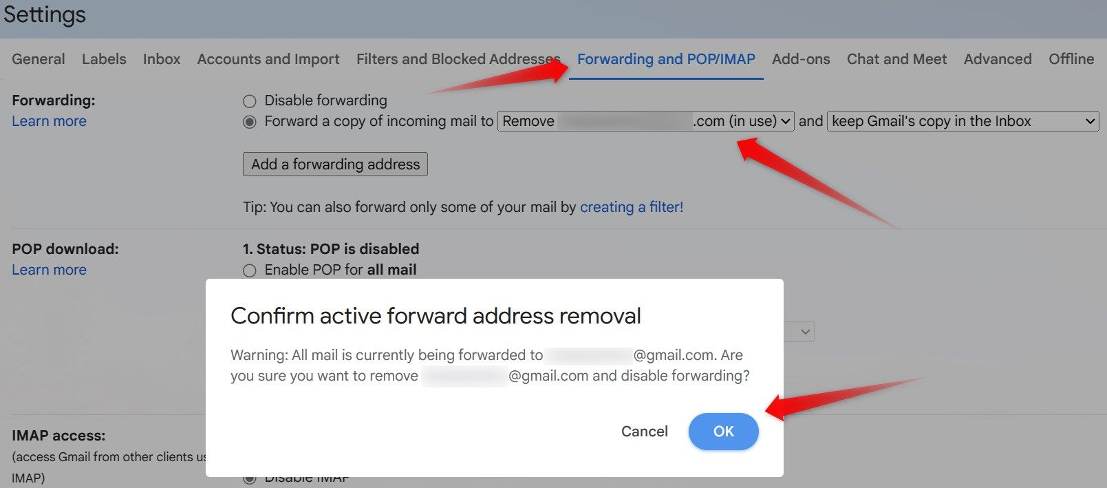 Removing a forwarding email in Gmail.