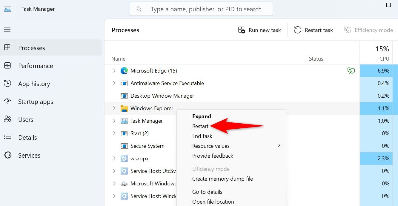'Restart' highlighted for Windows Explorer in Task Manager.