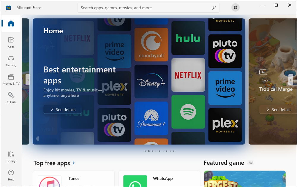 The Microsoft Store advertises all kinds of apps and media. 