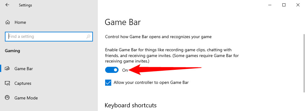The Game Bar toggle in the On position. 