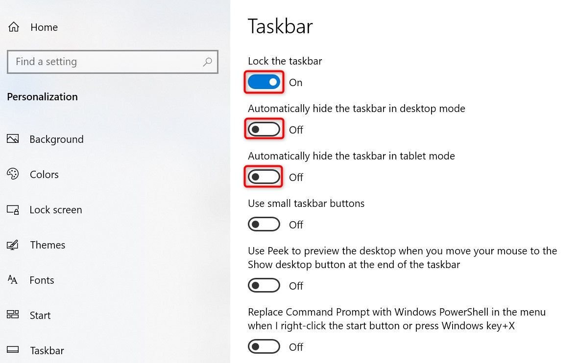 'Lock the Taskbar,' 'Automatically Hide the Taskbar in Desktop Mode,' and 'Automatically Hide the Taskbar in Tablet Mode' highlighted in Windows 10 Settings.
