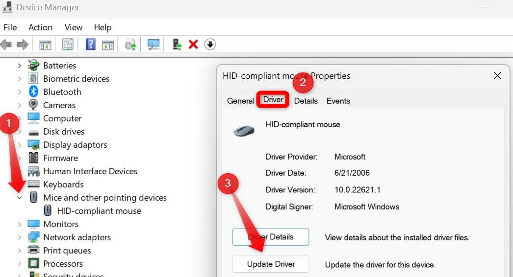 Updating the mouse drive in Device Manager.